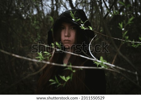 Similar – ein Mädchen mit langen Haaren und blauen Augen in den Bergen, das mit einer Kapuze lächelt