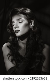 Portrait Of Woman In Classic Vintage Noir Image. Photo Of Girl In Retro Style Of Black And White Hollywood Movies.