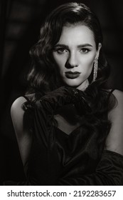 Portrait Of Woman In Classic Vintage Noir Image. Photo Of Girl In Retro Style Of Black And White Hollywood Movies.