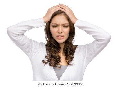 Portrait Of Woman With Closed Eyes Putting Hands On Head, Isolated On White. Concept Of Headache And High Temperature