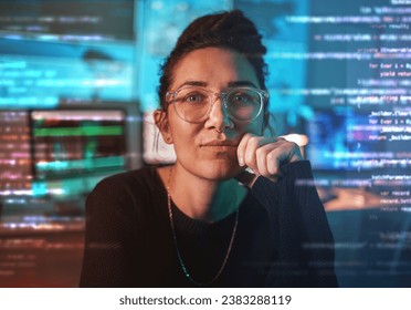 Portrait of woman, coding and cybersecurity, hologram screen and agent with malware, futuristic technology and privacy. Data protection overlay, iot dashboard and programmer on virtual reality login - Powered by Shutterstock - Get 15% off with code: PIKWIZARD15