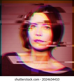 Portrait Of A Woman With A Computer Glitch Effect. Deep Fake Concept.