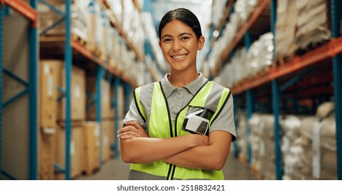 Portrait, woman and confident at warehouse for distribution, logistics industry and package inventory. Female person, arms crossed and inspection for supply chain, freight and transport of production - Powered by Shutterstock