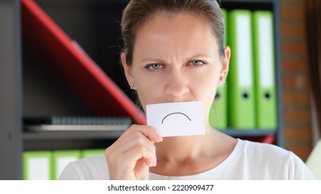 Portrait Of Woman Covering Face With Paper Sad Emoticon Symbol. Upset Face, Unhappy Emoji, Emotion Expression Concept