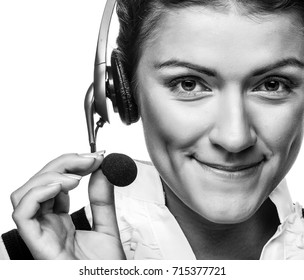 Portrait Of Woman Customer Service Worker, Call Center Smiling Operator With Phone Headset Isolated On White Background Black And White Picture.