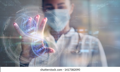 Portrait of a woman doctor is using a futuristic latest innovative technology for viewing samples of DNA with augmented reality holograms in a laboratory.