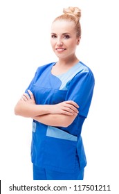 Portrait Woman Doctor Wearing Blue Uniform Stock Photo 117501211 ...