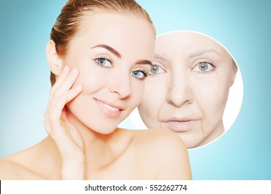 portrait of woman face with graphic circles of ols skin for advertising