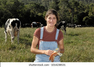 Portrait Of A Woman Farmer With Some Cows