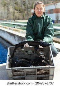 Portrait Of Woman Fish Farm Worker Demonstrating Sturgeon