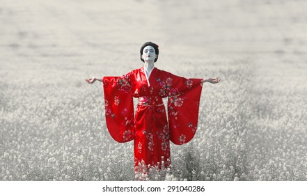 Portrait Of A Woman In Geisha Makeup Standing On The Field