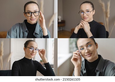 Portrait Of A Woman With Glasses In The Office Looking At The Camera. Collage Of Photos From Different Angles