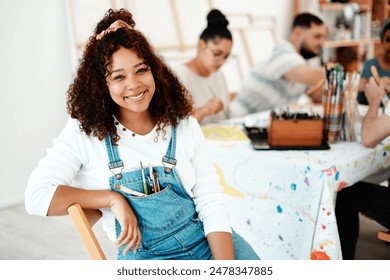 Portrait, woman and happy in art studio for painting and creativity or talent and group in workshop. Female artist, gen z and face with smile for acrylic or design with paintbrushes and friends - Powered by Shutterstock