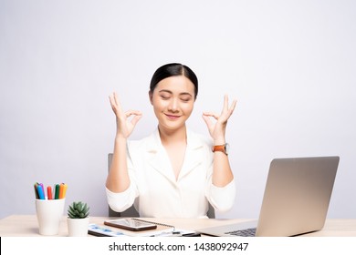 Portrait Of A Woman Has Positive Thinking Sitting At Office Isolated Over Background