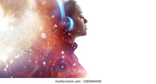 Portrait Of Woman In Headphones Listening Music With Closed Eyes. Double Exposure Of Female Face And Light Flare Isolated On White Background. Digital Art. Blue Neon Light. Free Space For Text.