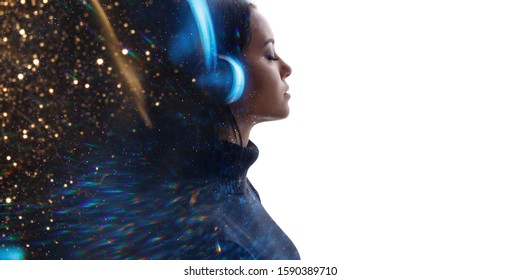 Portrait of woman in headphones listening music with closed eyes. Double exposure of female face and galaxy, sparkles isolated on white background. Digital art. Blue neon light. Free space for text.