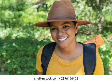 Portrait Of Woman Hiker In The Forest