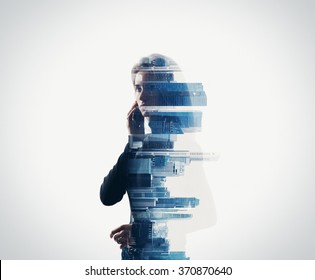 Portrait of woman holding her smart phone in a hands.  isolated, double exposure - Shutterstock ID 370870640