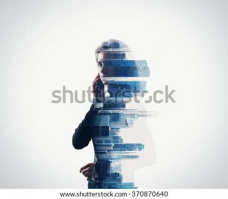 Portrait of woman holding her smart phone in a hands.  isolated, double exposure