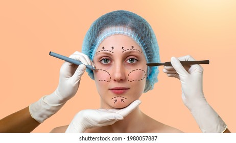 Portrait of woman with marks on face for plastic surgery