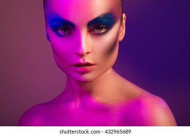 Portrait Woman Neon Lights Bright Makeup Stock Photo 432965689 ...