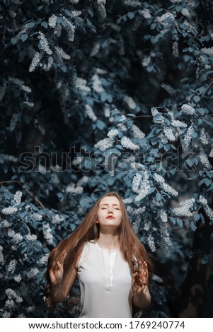 Similar – a girl with long hair and blue eyes in the mountain covering her face with her hair