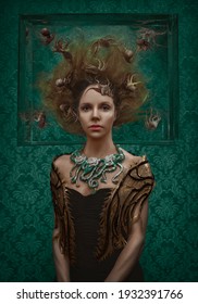 Portrait Of A Woman Posing In Front Of A Baroque Wallpaper, Wearing A Fish Fin Shawl And A Necklace Of Tentacles, Her Head And Hair Floating In A Water Tank Filled With Octopuses