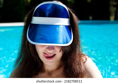 Portrait Of Woman In Retro Visor Hat. Face Of Girl In Visor Cap. Sexy Girl In Sun Visor Cap.