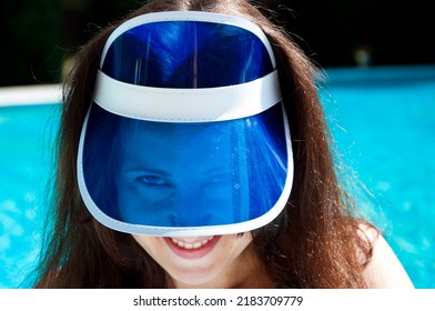 Portrait Of Woman In Retro Visor Hat. Face Of Girl In Visor Cap. Flirty Girl In Sun Visor Cap.