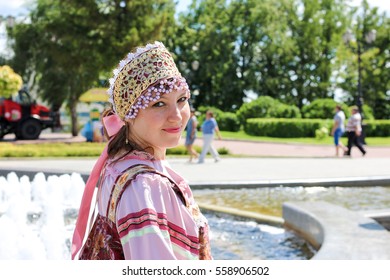 Portrait Of Woman In Russian Folk Costume. Kokoshnik - National Headdress