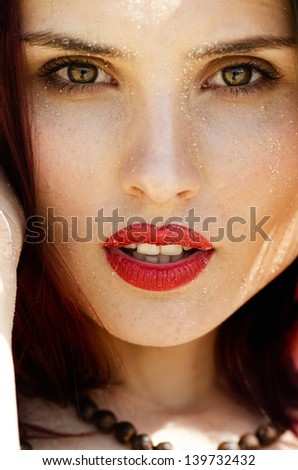 Similar – Young redhead woman covering from sun