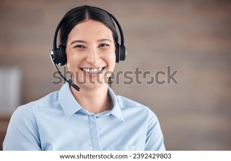Portrait, woman and smile in call center for telemarketing, customer service and advisory contact, CRM help and FAQ support. Face, microphone and happy telecom consultant for sales, IT and questions