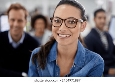 Portrait, woman and smile in modern office with team for project development, synergy and startup company. Female graphic designer, collaboration and happiness in professional creative agency - Powered by Shutterstock