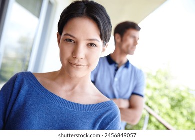 Portrait, woman and smile in outdoor for relationship bond with love, partnership and together. Thoughtful, smiling and face of female person for dating on balcony with home, positive and confidence - Powered by Shutterstock