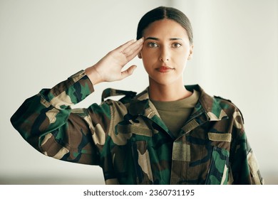 Portrait of woman soldier with salute, confidence and pride in army service for professional hero. Military career, security and courage, girl in uniform and respect at government intelligence agency
