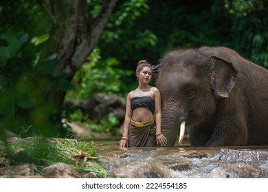 Portrait Of A Woman Standing In A River With An Elephant, Thailand
