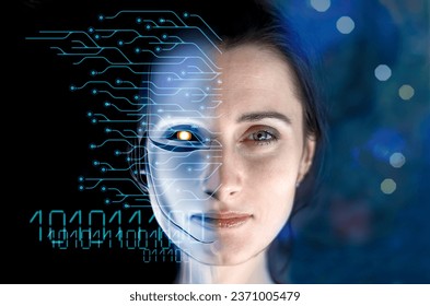 Portrait of a woman symbolically turning into plastic robot face, virtual human, virtual character, or digital clone, using computer-generated from the real persona. AI artificial intelligence. - Powered by Shutterstock