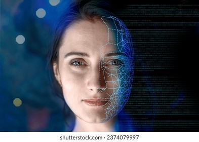 Portrait of a woman symbolically turning into virtual human, virtual character, or digital clone, using computer-generated from the real persona. AI artificial intelligence. - Powered by Shutterstock