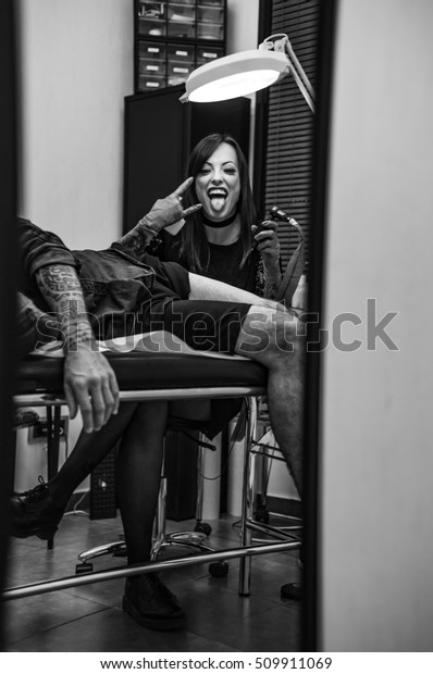 Portrait Woman Tattoo Artist Working Tattoo Stock Photo Edit Now