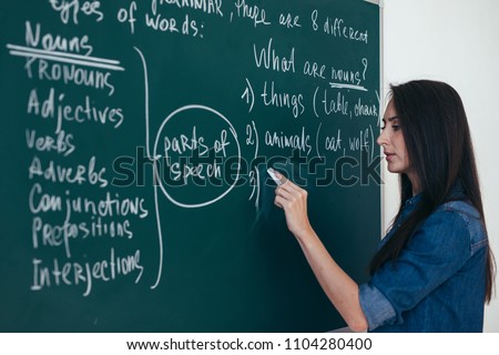 Portrait of woman teacher writing on blackboard in classroom