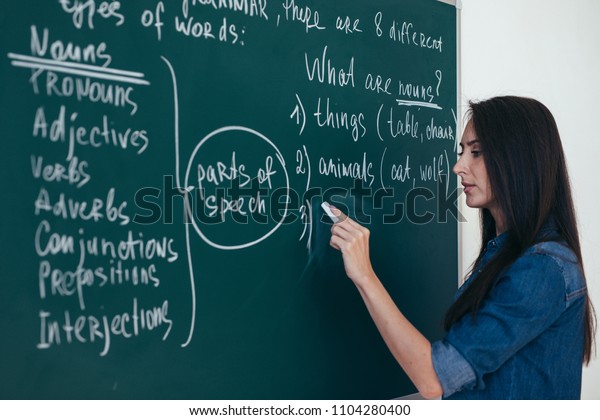 教室で黒板に書く女性教師のポートレート の写真素材 今すぐ編集