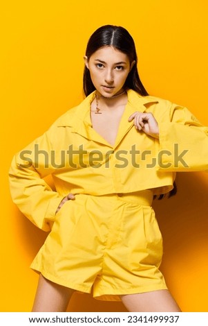 portrait woman trendy yellow fashion girl lifestyle attractive beautiful young model