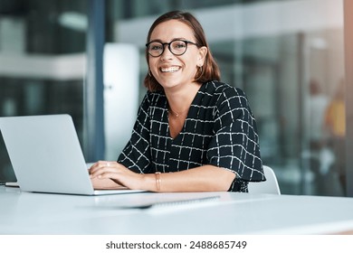 Portrait, woman and typing in office with laptop for work as receptionist, administrative support and professional. Female employee, happy and email to confirm schedule and appointment planning. - Powered by Shutterstock