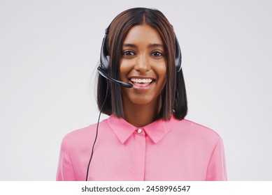 Portrait, woman and virtual assistant with headset for call centre, communication and smile. Indian female person, pride and microphone for talking, crm agent and happy consultant in studio - Powered by Shutterstock