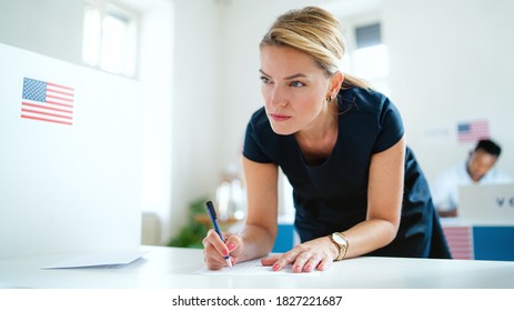 Portrait Of Woman Voter In Polling Place, Usa Elections Concept.