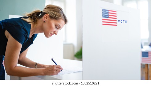 Portrait Of Woman Voter In Polling Place, Usa Elections Concept.