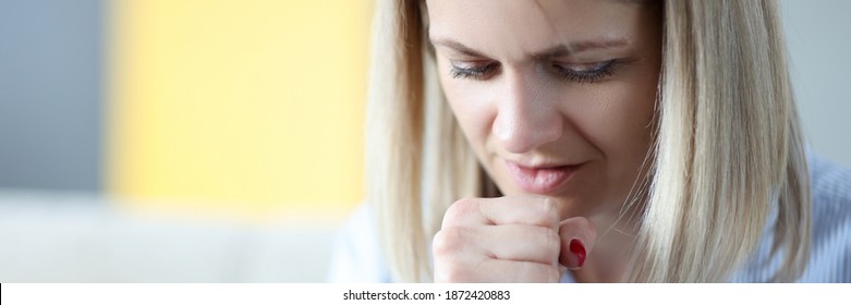 Portrait Of Woman Who Is Coughing. Respiratory Tract Disease Concept