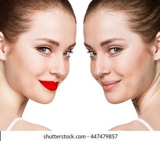 Portrait of woman with and without makeup
