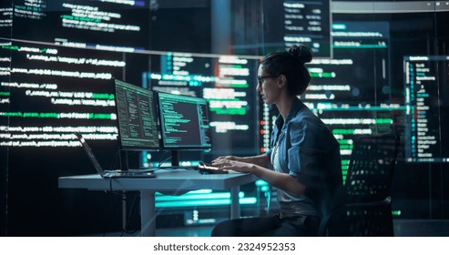 Portrait of Woman Working on Computer, Typing Lines of Code that Appear on Big Screens Surrounding her in a Monitoring Room. Female Programmer Creating Innovative Software Using AI Data and System - Shutterstock ID 2324952353