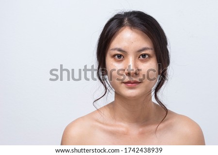 Portrait of women before facial face care, Asian young girl face skin treatment. Fresh skin, No makeup.